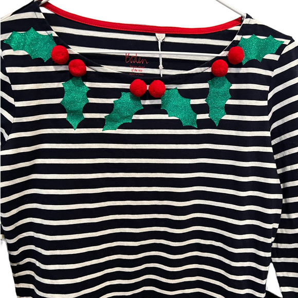 BODEN Christmas Breton Shirt In Glitter Pom Holly (US/2) - Picture 3 of 7